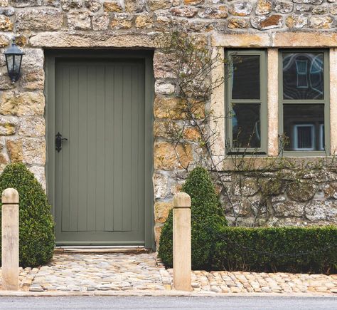 Front door ideas: 13 ways to increase your kerb appeal - The English Home Sage Green Cottage Front Door, Sage Window Frames, Sage Green Exterior Door, Sage Green Front Door, Sage Green Door, Front Door Ideas, Cottage Front Doors, Sage Green Paint, Green Front Doors