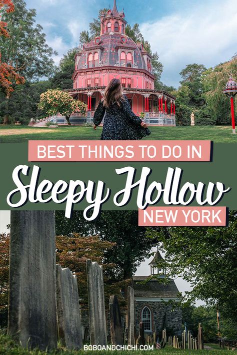 BEST THINGS TO DO IN SLEEPY HOLLOW NEW YORK | Hudson Valley New York | things to do in the Hudson Valley | day trips from NYC | weekend trips from NYC | train trips from NYC | things to do in tarrytown new york | Washington Irving locations | Headless Horseman locations in Sleepy Hollow | Sleepy Hollow bridge | Sleepy Hollow Cemetery | NYC staycation | Headless Horseman Bridge | pink armour stinner house new york | pink house | Hudson Valley New York #newyork #nyc #sleepyhollow 30 Bucket List, New York Day Trip, Salem Massachusetts Travel, Sleepy Hollow New York, Haunted Towns, Halloween Destinations, Sleepy Hallow, Dark Tourism, Nyc Train