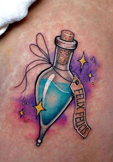 Second Tattoo - Felix Felicis Bottle#tattoo #tattoaftercare #tattoocare Harry Tattoos, Second Tattoo, Felix Felicis, Hp Tattoo, Petit Tattoo, Bottle Tattoo, Bottle Drawing, Tattoo Zeichnungen, Harry Potter Tattoos