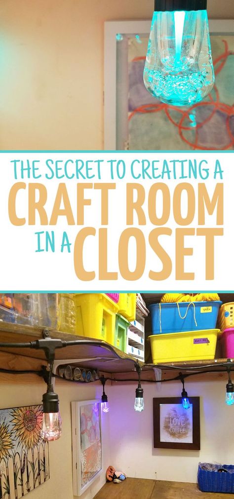 Check out the secret to making a craft room in a closet work - even though it's dark, claustrophobic, and, well, boring? This tip allows you to build a DIY craft room into a very small space such as a walk-in closet and still have it be functional - you'l Quilting Storage, Small Closet Organization Diy, Craft Room Lighting, Craft Room Ideas On A Budget, Basement Craft Rooms, Sewing Closet, Organizing Office, Craft Room Closet, Craft Closet Organization