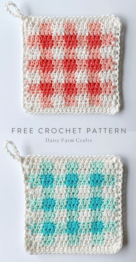 Free Pattern - Crochet Picnic Gingham Hot Pads Crochet Picnic, Picnic Gingham, Corak Krusye, Daisy Farm Crafts, Daisy Farm, Crochet Potholder Patterns, Crochet Hot Pads, Crochet Sheep, Confection Au Crochet