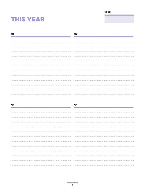 Year at a glance planner featuring quarterly sections (Q1-Q4) with lined spaces for notes and a designated area to label the year. 12 Week Year, Quarterly Goals, At A Glance Planner, Quarterly Planner, Year At A Glance, Blank Calendar, Long Term Goals, Planner Printables Free, Planner Printables