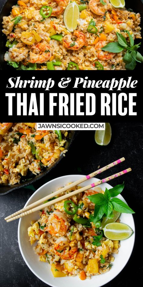 With sweet, caramelized pineapple, succulent shrimp, crunchy cashews and plenty of fresh herbs- this Shrimp and Pineapple Thai Fried Rice is way better than takeout, and comes together in just 20 minutes! Thai Fried Rice Recipe, Pineapple Rice Recipes, Recipe With Basil, Shrimp And Pineapple, Prawn Fried Rice, Thai Pineapple Fried Rice, Pineapple Fried Rice Recipe, Caramelized Pineapple, Shrimp Fried Rice Recipe