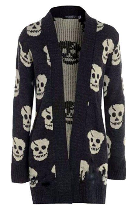 $10~~Women Ladies Halloween Skull Skeleton Print Open Front Knitted Cardigan Sweater winter layered skulls Fancy Sweater, Skull Sweater, Skull Clothing, Long Sleeve Knitted Cardigan, Skull Fashion, Wine Color, Skull Print, Knitted Cardigan, Gothic Fashion