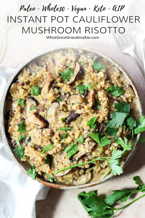 If you are looking for a quick and easy side dish, this Instant Pot Paleo Cauliflower Mushroom Risotto is so tasty and healthy and takes less than 30 minutes to make! #paleo #keto #aip #vegan #whole30 #lowcarb #glutenfree #lchf #vegetarian #instantpot Aip Vegan, Whole30 Vegan, Muffins Blueberry, Cauliflower Mushroom, Paleo Cauliflower, Keto Vegan, Zucchini Muffins, Easy Side Dish, Aip Recipes