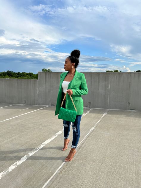 Green Assesories Outfit, What To Wear With Green Blazer, Lime Blazer Outfits For Women, Aka Business Casual, Spring Green Outfits For Women, Green Purse Outfit Summer, Color Blazer Outfits For Women, Bright Green Blazer Outfit, Denim And Green Outfit