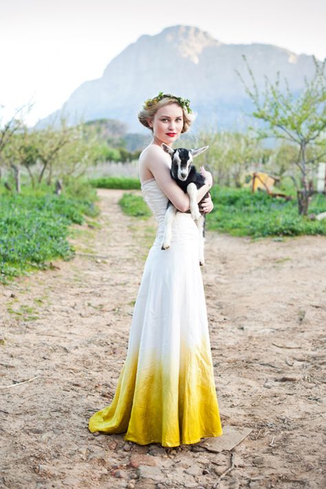 Dipped Wedding Dress, Goat Wedding, Dip Dye Wedding Dress, Dye Wedding Dress, Dip Dye Dresses, Ombre Wedding Dress, Wedding Dress Sewing Patterns, Yellow Wedding Dress, Sewing Wedding Dress