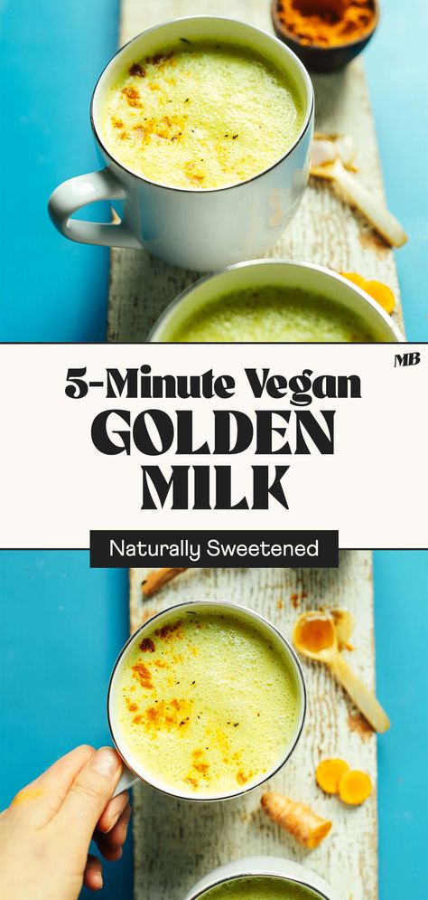 Creamy, easy golden milk with dairy-free milk, ginger, turmeric, and coconut oil. Naturally sweetened, incredibly healthy, and so delicious. Ready in just 5 minutes! Vegan Golden Milk Recipe, Savory Drinks, Golden Milk Recipe Turmeric, Vegan Golden Milk, Golden Milk Benefits, Plant Based Smoothies, Golden Milk Recipe, Turmeric Milk, Ayurvedic Recipes