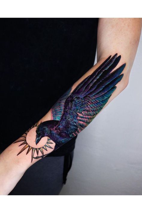 Raven Color Tattoo, Colorful Raven Tattoo, Colorful Half Sleeve Tattoo, Full Color Sleeve Tattoos Women, Plur Tattoo, Raven Tattoo Feminine Arm, Raven Line Art, Abdominal Tattoos, Color Tattoo Sleeve