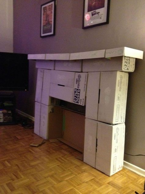 Fireplace Cardboard, Diy Christmas Fireplace, White Bricks, Fireplace Drawing, Cardboard Fireplace, Large Cardboard Boxes, Fireplace Parts, Brick Paper, Fake Fireplace