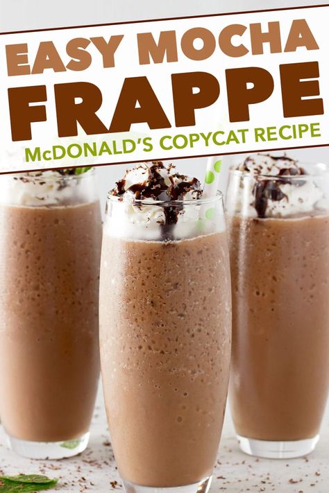 Make your own McDonald’s Mocha Frappe at home with this easy copycat recipe! The perfect cold coffee drink for Spring and Summer! #frappe #mocha #copycat #mcdonalds #frozencoffee #coffee #frozen #iced #chocolate Mcdonalds Mocha Frappe Recipe, Frappe At Home, Mcdonalds Mocha Frappe, Copycat Mcdonalds, Mocha Frappe Recipe, Frozen Coffee Drinks, Mcdonalds Recipes, Mocha Drink, Iced Chocolate