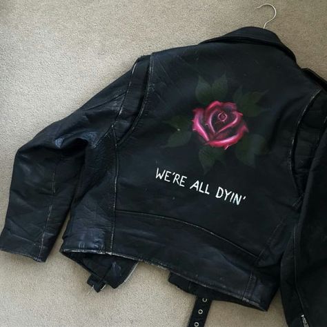 We're All Dyin' rose denim jacket Fresh Outfits, Barbara Palvin, Cole Sprouse, Soft Grunge, Black Leather Jacket, Looks Style, A Rose, Black Jacket, Look Cool