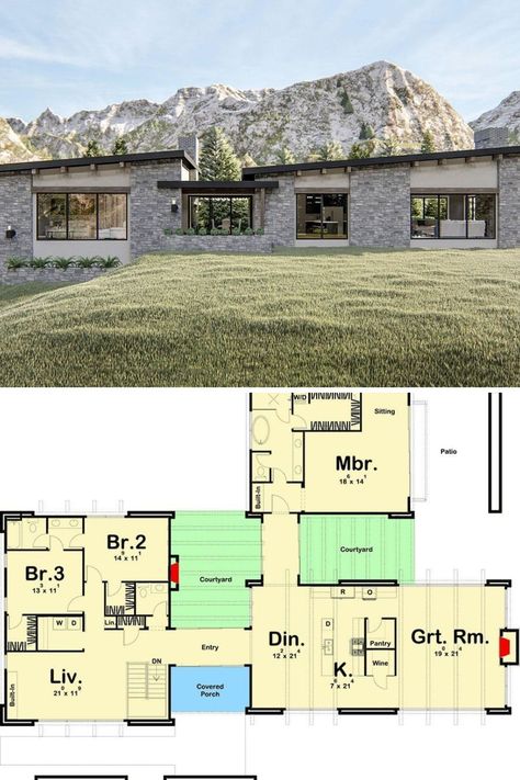 Single Story Mountain Home, One Story Mountain House Plans, Unique House Plans Modern, Modern Single Story Homes, Modern Mountain Home Floor Plans, Comtempary House, Northwest Architecture, Home With Courtyard, Single Story House Floor Plans