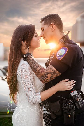 Police theme engagement photos by Tina DaSilva Photography Police Prenup Photoshoot Ideas, Police Officer Photo Shoot, Police Boyfriend, Police Officer Couple Pictures, Cop Engagement Pictures, Police Officer Engagement Pictures, Police Engagement Photos Ideas, Cop Wedding Police Wife, Police Engagement Photos