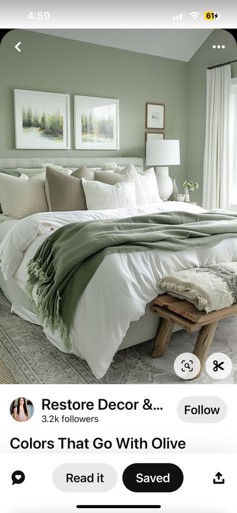 White Comforter With Green Accents, Light Green And Beige Bedroom, White Bedding Green Accents, Bedroom Inspirations Master Sage Green Colour, White Grey And Green Bedroom, Gray And Sage Bedroom, Green And White Bedroom Aesthetic, Grey And Sage Green Bedroom, White And Green Bedding