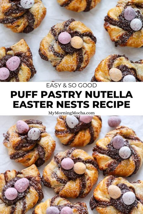 Puff Pastry Easter Nests, Easter Bunny Puff Pastry Dessert, Nutella Easter Desserts, Easter Puff Pastry Dessert, Easter Puff Pastry Recipes, Puff Pastry Easter, Easter Puff Pastry, Chocolate Easter Desserts, Quick Easter Desserts