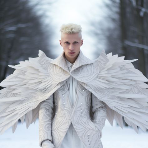 #MensSnowAngel #WinterWonderWardrobe #CelestialChill #FrostyFashion #Halloween2023 #CostumeGoals #EtherealElegance #TrendingCostumes #HalloweenInspo #UniqueCostumes #CosplayCreativity #SeraphicSnowStyle #GuardianOfTheGlacier #IcyInspiration Fantasy Snow Outfit Male, Men’s Angel Costumes, Fantasy Artic Clothing, Snowflake Fairy Costume, Snow Queen Adult Costume, Angel Costume, Unique Costumes, Mens Halloween Costumes, Snow Angels