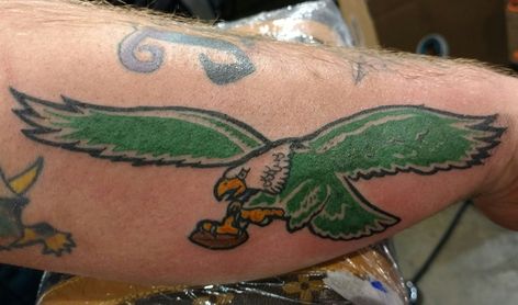 Old school Philadelphia Eagles logo tattooed by Alex Feliciano.  #12ozstudios #team12oz #tattoo #tattoos #tattooed #tattooart #tattooartist #inked #nfl #football #eagles #Philly #Philadelphia #superbowl #champion Eagles Band Tattoo, Philly Eagles Tattoo, Eagles Tattoo Philadelphia, On Eagles Wings Tattoo, Black Eagle Tattoo, Eagle Tattoo Arm, Eagles Tattoo, Eagles Philly, Football Eagles