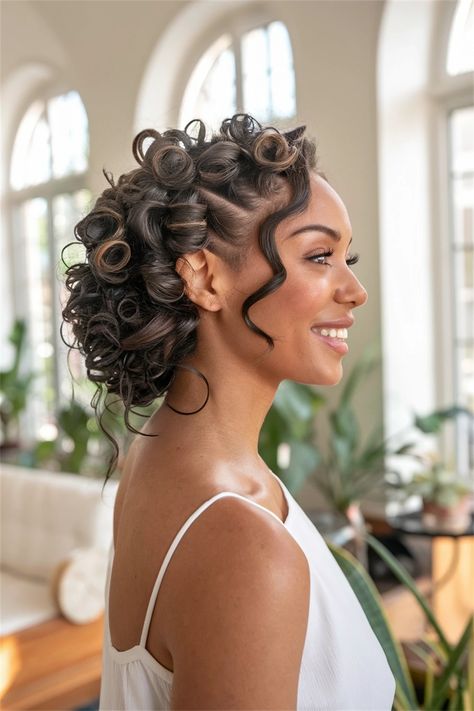 Elevate your look with this adorable curly updo, a standout choice among natural hairstyles for black women. Perfect for any occasion, this easy hairstyle highlights 4c textures while providing a chic and playful vibe. Quick to style yet incredibly cute, it’s ideal for busy days or special moments. Discover how to embrace your natural curls with this stunning updo that showcases the beauty of your hair! #naturalhairstylesforblackwomen Latina Wedding, Hairstyle Highlights, Natural Hairstyles For Black Women, Afro Latina, Curly Updo, Easy Hairstyle, Flower Black, Hairstyles For Black Women, Wedding Updo