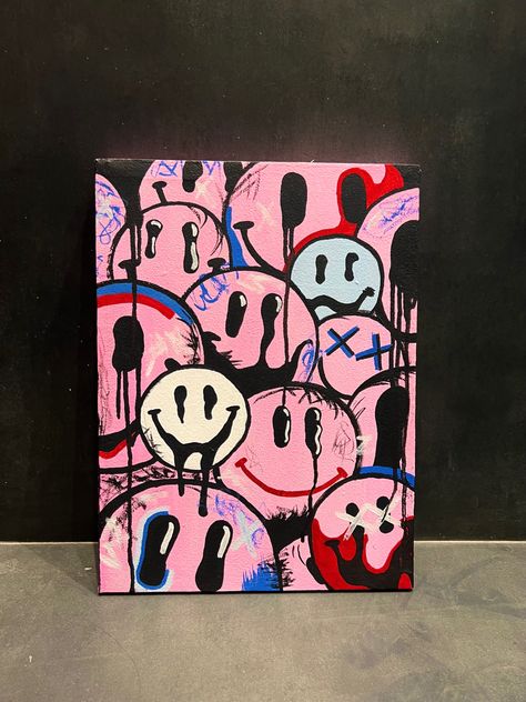 Smiley Face Canvas Painting, Canvas Painting Trippy, Face Canvas Painting, Cool Canvas Art, Painting Trippy, Pintura Hippie, Graffiti Canvas Art, Art Trippy, Y2k Art