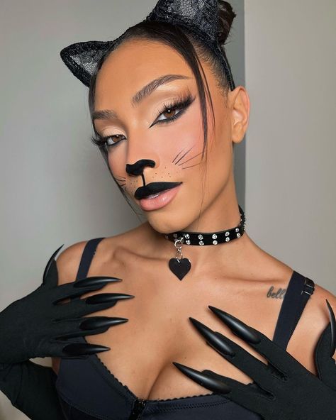 Cat Makeup Halloween Pretty, Cat Eye Makeup Halloween, Leopard Makeup Halloween, Cat Face Makeup, Playful Makeup, Cat Halloween Makeup, Leopard Makeup, No Tricks Just Treats, Halloween Kitty