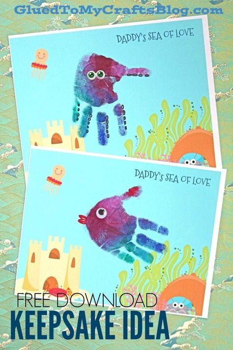 Daddy’s Sea of Love – Father’s Day Keepsake Printable - Handprint Fish, Handprint Octopus - Kid Craft Idea - Handmade Gift Tutorial for Father's Day - Free Printable Template Included Handprint Octopus, Handprint Fish, Keepsake Printable, Fish Handprint, Father Days, Gift Tutorial, Fish Craft, Fathersday Crafts, Sea Of Love