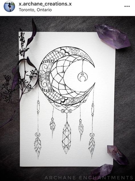 Moon And Star Tattoo, Moon Catcher, Dream Catcher Drawing, Pagan Tattoo, Beautiful Pencil Drawings, Dream Catcher Tattoo Design, Crystal Tattoo, Moon Dreamcatcher, Print Drawing