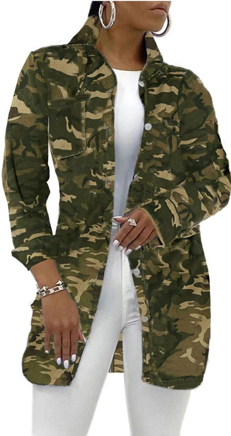 T Shirt Jumpsuit, Camouflage Coat, Oversized Jean Jacket, Long Sleeve Denim Jacket, Camouflage Jacket, Womens Jackets Casual, Camo Fashion, Jean Jacket Women, Long Jeans