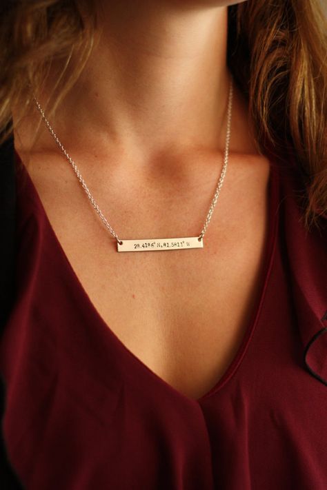 Bar Necklace Ideas, Coordinates Necklace, Bible Camp, Gold Bar Necklace Personalized, Nameplate Necklace Silver, Latitude Longitude, Bar Necklace Personalized, Silver Bar Necklace, Necklace Ideas