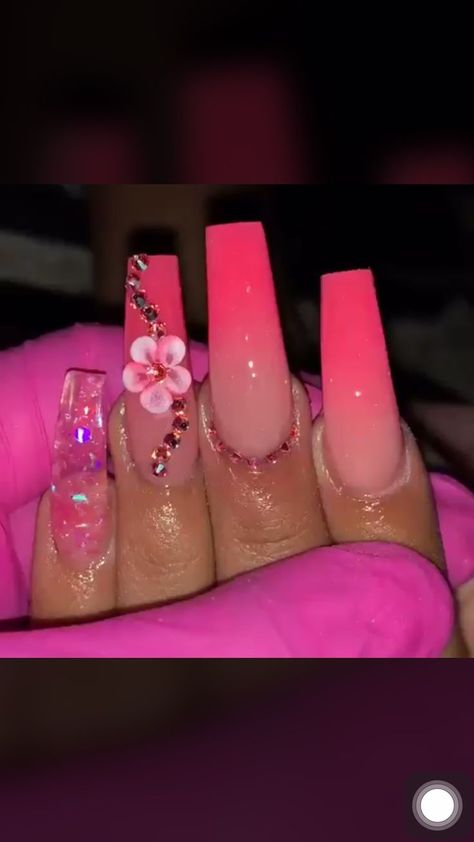 Birthday Hot Pink Nails, Pink Nails With Swarovski Crystals, Ombre Hot Pink Acrylic Nails, Hot Pink Acrylic Nails Designs Summer, Ombré Hot Pink Nails, Hot Pink Nails Ombre, Hot Pink Prom Nails Acrylic, Acrylic Nail Designs Hot Pink, Light Pink Ombre Nails Coffin