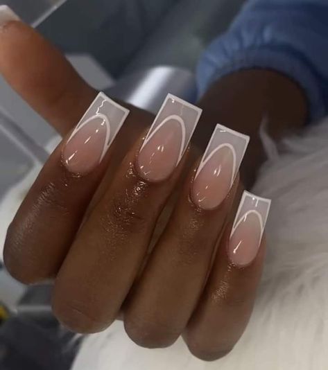 White Outline French Tip Nails, Med Nail Designs, White On White Nail Designs, French Nails With Bling, French Tip Ideas, Trip Nails, White Nails With Designs, White Tip Acrylic Nails, Two Color Nails