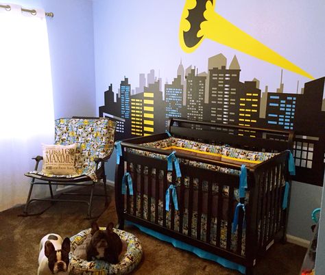 Batman Themed Nursery, Batman Nursery Baby Boy, Superhero Nursery Baby Boy, Batman Baby Room, Classroom Murals, Logan Hicks, Baby Boy Nursery Room Ideas, Batman Nursery, Batman Nails