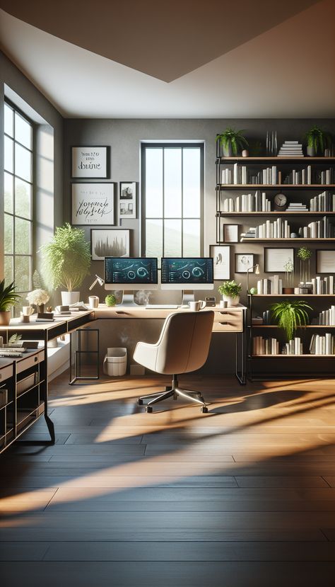 Discover your dream home office: modern desk, dual monitors, cozy atmosphere & convenience. Exciting WFH job over $25/hr - link in the bio! #RemoteJob #WFH #CareerOpportunities #HighPaidJob #HomeOfficeIdeas #ProductiveLife. Office Ideas With Two Monitors, Hybrid Home Office, Dual Office Setup, Desk With 2 Monitors Home Office, Home Office With 2 Monitors, Home Office With Sitting Area, Home Office Dual Monitors, Home Office Two Monitors, Home Office Multiple Monitors