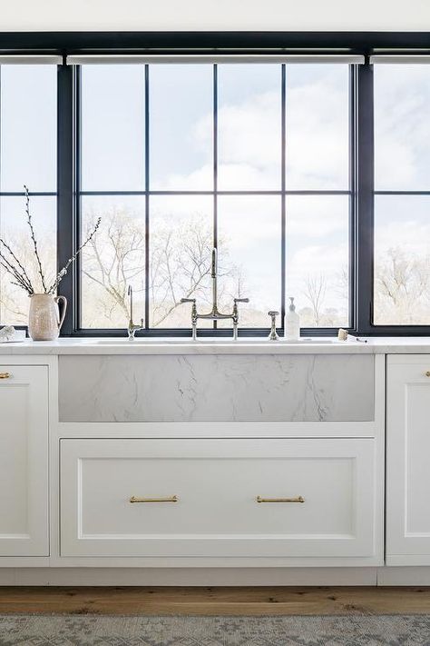 Farmhouse Kitchen Backsplash Ideas, Farmhouse Kitchen Backsplash, Kate Marker Interiors, Cottage Style Kitchen, Apron Sink, Next Door Neighbor, Brick Backsplash, Marble Sinks, Window Installation