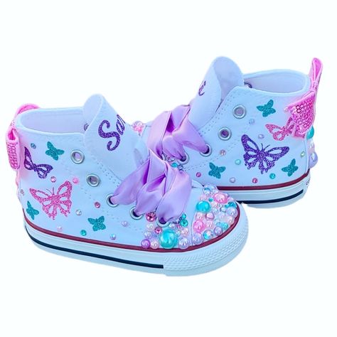 Just as shown but with your custom colors and your little ones name on the tongues. Converse White High Tops, Butterfly Converse, Converse White High, Queen Vampire, Bedazzled Shoes, Magic Clothes, Custom Shoes Diy, Old Outfits, Shoes Diy