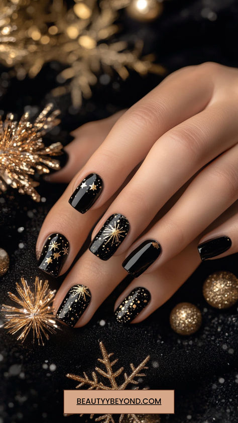 Keep your nails cozy and chic this winter with these 15 stunning designs for 2025! Think sweater patterns, icy ombre, and soft matte finishes that complement the season’s vibe. Save this pin for endless nail inspiration. #CozyNails #WinterTrends #NailArt Short Nails New Years Designs, Black And Gold Nail Polish, Christmas New Year’s Eve Nails, Black And Glitter New Years Nails, New Year’s Eve Nails Short Square, Black New Year Nail Designs, Pretty New Years Nails, Black Glitter New Years Nails, January Nail Designs Black