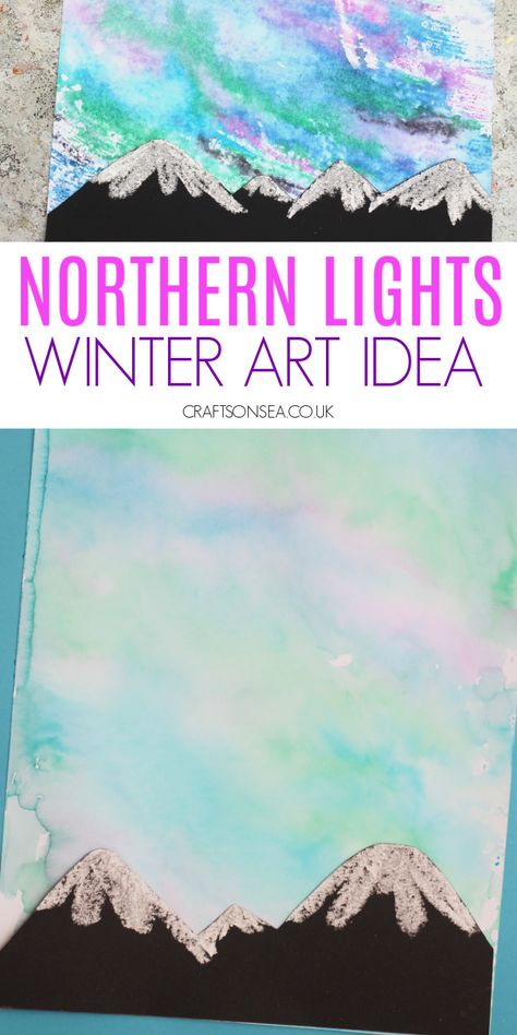 Easy Northern Lights Art Project for Kids Northern Lights Craft, Northern Lights Art Lesson, Northern Lights Art Project, Northern Lights Watercolor, Rhythm Art, Northern Lights Art, January Art, Library Crafts, Winter Art Lesson