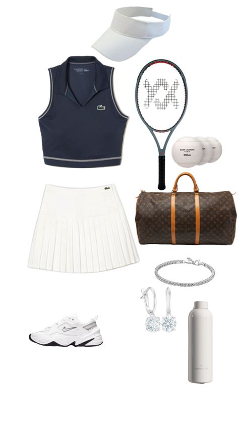 Louis Vuitton bag, tennis outfit idea, old money outfit Old Money Tennis Outfit, Tennis Girl Outfit, Old Money Tennis, Tennis Outfit Aesthetic, Tennis Skirt Outfit, Money Girl, Tennis Outfit, Looks Party, Training Clothes