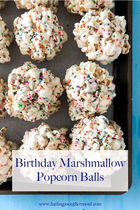 Birthday Marshmallow Popcorn Balls are sweet and salty and so addicting! They are so easy to make and they will be a crowd favorite! Halloween Popcorn Balls Recipe, Popcorn Balls Recipe Easy, Jello Popcorn, Marshmallow Popcorn Balls, Halloween Popcorn Balls, Caramel Popcorn Balls, Melting Marshmallows, Popcorn Balls Recipe, Marshmallow Popcorn