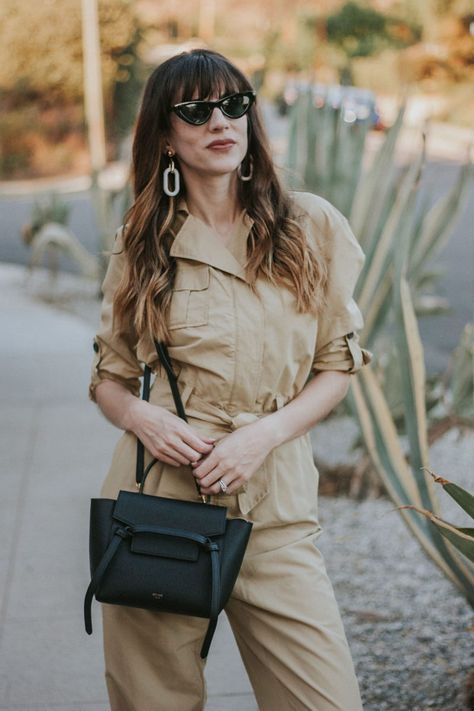 Celine Nano Belt Bag and tan Who What Wear Collection jumpsuit on Los Angeles Fashion Blogger Jeans and a Teacup Celine Pico Belt Bag, Celine Nano Belt Bag, Celine Micro Belt Bag, Bum Bag Outfit, Belt Bag Outfit, Bag Wishlist, Celine Belt, Celine Belt Bag, Fanny Pack Fashion