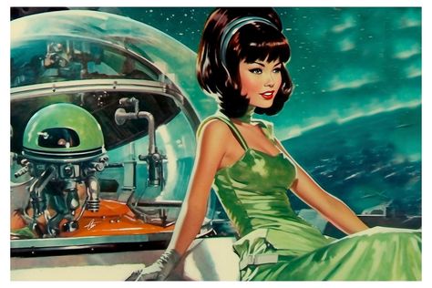 1950s Sci Fi, Vintage Alien, Retro Sci Fi Art, Retro Futuristic Fashion, Retro Futuristic Pinup, 70s Scifi Illustration, Retro Future Fashion, 80s Sci Fi, 1970s Science Fiction Art