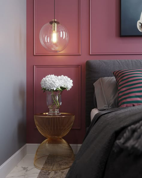 Bedroom "Pink & Gray" on Behance Raspberry Pink Walls Bedroom, Bedroom Pink Walls Ideas, Magenta Accent Wall Bedroom, Deep Pink Bedroom Walls, Magenta Walls Bedroom, Raspberry Bedroom Walls, Dark Pink Wall Paint, Grey And Pink Bedroom Ideas For Women, Raspberry Bedroom Ideas