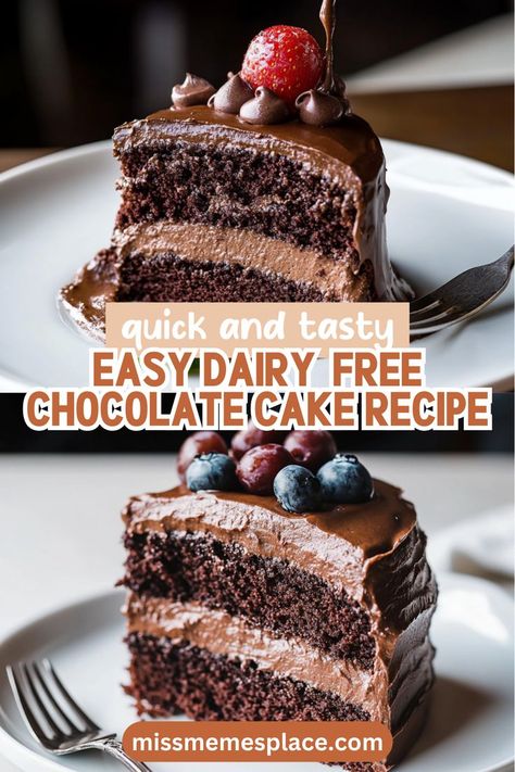 This Easy Dairy-Free Chocolate Cake Recipe is your go-to for a quick and delightful dessert! With just a handful of ingredients, you can whip up a moist and rich cake that rivals any traditional chocolate dessert. Ideal for birthdays, gatherings, or a sweet treat at home, this cake is simple enough for novice bakers. Customize it with nuts or fruits for added texture and flavor. Enjoy the indulgence of chocolate without the dairy! Chocolate Dairy Free Cake, Easy Healthy Chocolate Cake, Dairy Free Chocolate Dessert Recipes, Chocolate Cake No Milk, Chocolate Cake Dairy Free, Gf Chocolate Cake, Dairy Free Cakes, Dairy Free Chocolate Cake Recipe, Easy Vegan Chocolate Cake