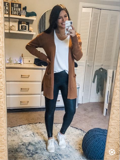 Black Leather Leggings Outfit Casual Sneakers, Leggings And Sneakers Outfit Fall, Leggings And Cardigan Outfit Work, Legging And Cardigan Outfit, Leggings With Cardigan Outfit, Leggings Cardigan Outfit, Cardigan With Leggings Outfit, Fake Leather Leggings Outfit, Brown Faux Leather Leggings Outfit