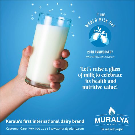 On the 20th anniversary of the World Milk Day, Muralya joins the world in celebrating the health and nutritive value of milk.  Muralya Dairy Products www.muralyadairy.com  #WorldMilkDay #EnjoyDairy #MuralyaDairy #Milk #healthy #nutritivevalue #June1 #specialday #MuralyaMilk #MilkDay #glassofmilk #milkbenefits #RaiseYourGlassOfMilk #health #nutrition World Milk Day, Milk Advertising, Dairy Brands, Independence Day Poster, Milk Benefits, A Glass Of Milk, Find Your Aesthetic, Milk Splash, Social Media Poster