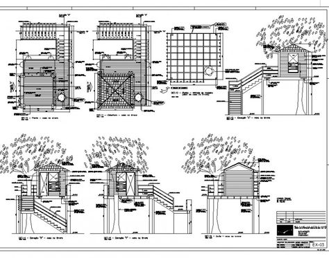 Wooden tree house detail drawing in dwg AutoCAD file. Wooden Tree House, Elevation Architecture, Treehouse Ideas, Chinese Architecture Design, Curtain Wall Detail, Plan Elevation, Tree House Plans, Open House Plans, Neoclassical Interior