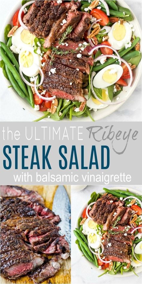 The Ultimate Ribeye Steak Salad made "steakhouse style." Filled with green beans, hardboiled eggs, goat cheese and drizzled with a Balsamic Vinaigrette. This classic steak salad makes the perfect dinner and is done in 30 minutes! #healthy #glutenfree #easy Eggs Goat Cheese, Steak Salad Recipe, Homemade Balsamic Vinaigrette, Salad With Balsamic Dressing, Marinated Steak, Steak Salad, Balsamic Dressing, Salad Recipes For Dinner, Perfect Dinner