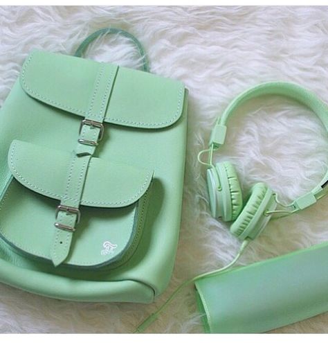 Mint green | backpack | headphones | fashion Mint Aesthetic, Mint Green Aesthetic, Green Backpacks, Joan Baez, Pastel Mint, Aesthetic Colors, Mint Color, Green Wallpaper, Pastel Green