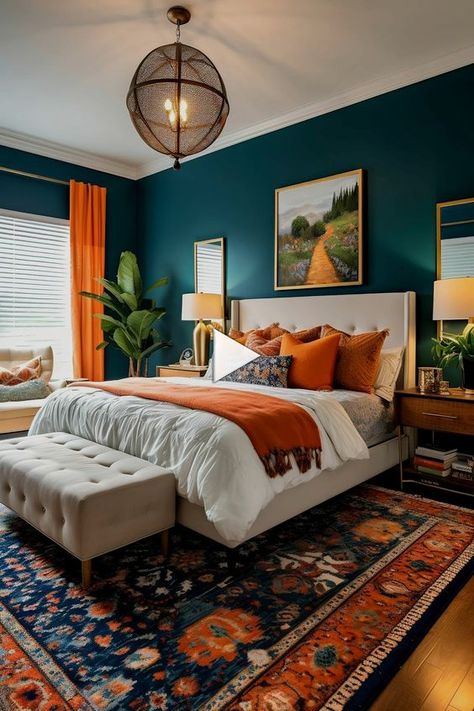 Orange And Teal Bedroom, Color Scheme Bedroom, Lime Green Bedrooms, Boho Bedrooms, Orange Bedroom, Teal Bedroom, Bedroom Orange, Small Deck, Interior Bedroom