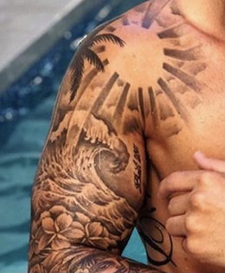 Inner Bicep Tattoo Men Ideas Design, Wave Sleeve Tattoo, Upper Shoulder Tattoo Men Half Sleeves, Men Bicep Tattoo, Bicep Tattoo For Guys Inner, Upper Arm Tattoos For Guys, Upper Shoulder Tattoo, Tattoo Elbow, Tiger Tattoo Sleeve